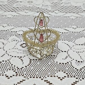 Gold Tone Heart Shape Wire Basket 3.5" Pink Teardrop Crystal Beads Decor Accent